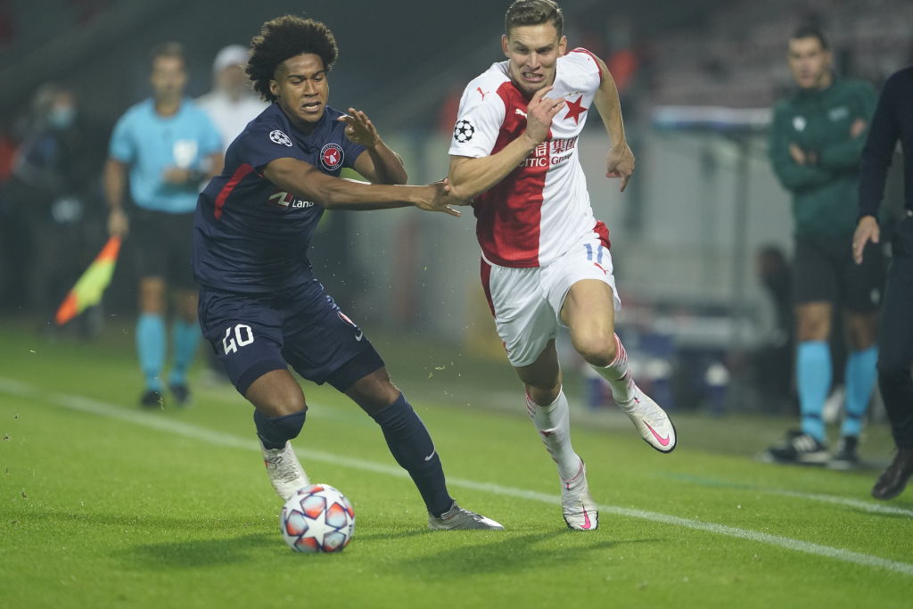 HERNING, DENMARK - SEPTEMBER 30: LIVE image from the UEFA Champions League Playoff 2nd Leg match between FC Midtjylland and Slavia Prague at MCH Arena on September 30, 2020 in Herning, Denmark. (Photo by Lars Ronbog / FrontZoneSport via Getty Images)