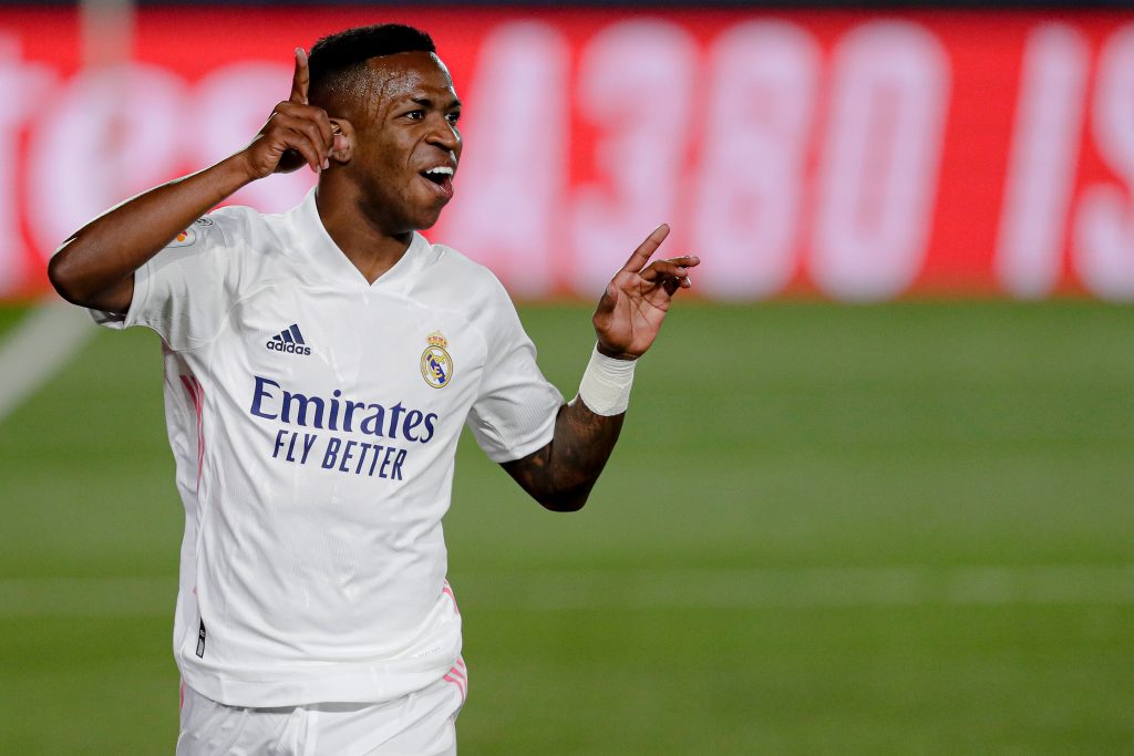 MADRID, SPAIN - SEPTEMBER 30: Vinicius Junior of Real Madrid celebrates 1-0 during the La Liga Santander match between Real Madrid v Real Valladolid at the Alfredo di Stefano Stadium on September 30, 2020 in Madrid Spain (Photo by David S. Bustamante/Soccrates/Getty Images)